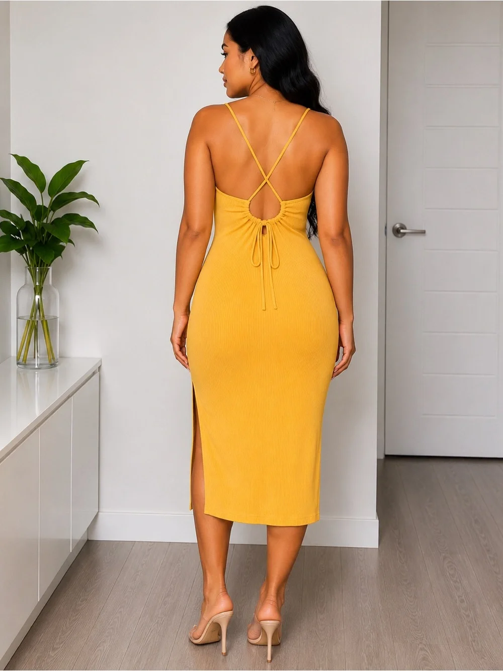 H&M Golden Honey Ribbed Open Back Midi Dress | Sleeveless Bodycon | Large